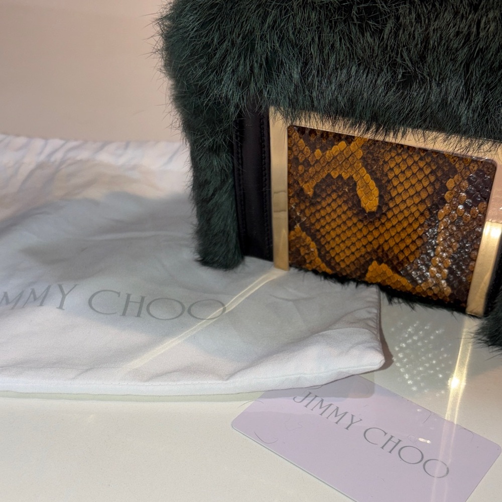 NWT Jimmy Choo Green and Brown Fur Shoulder Crossbody Clutch Bag